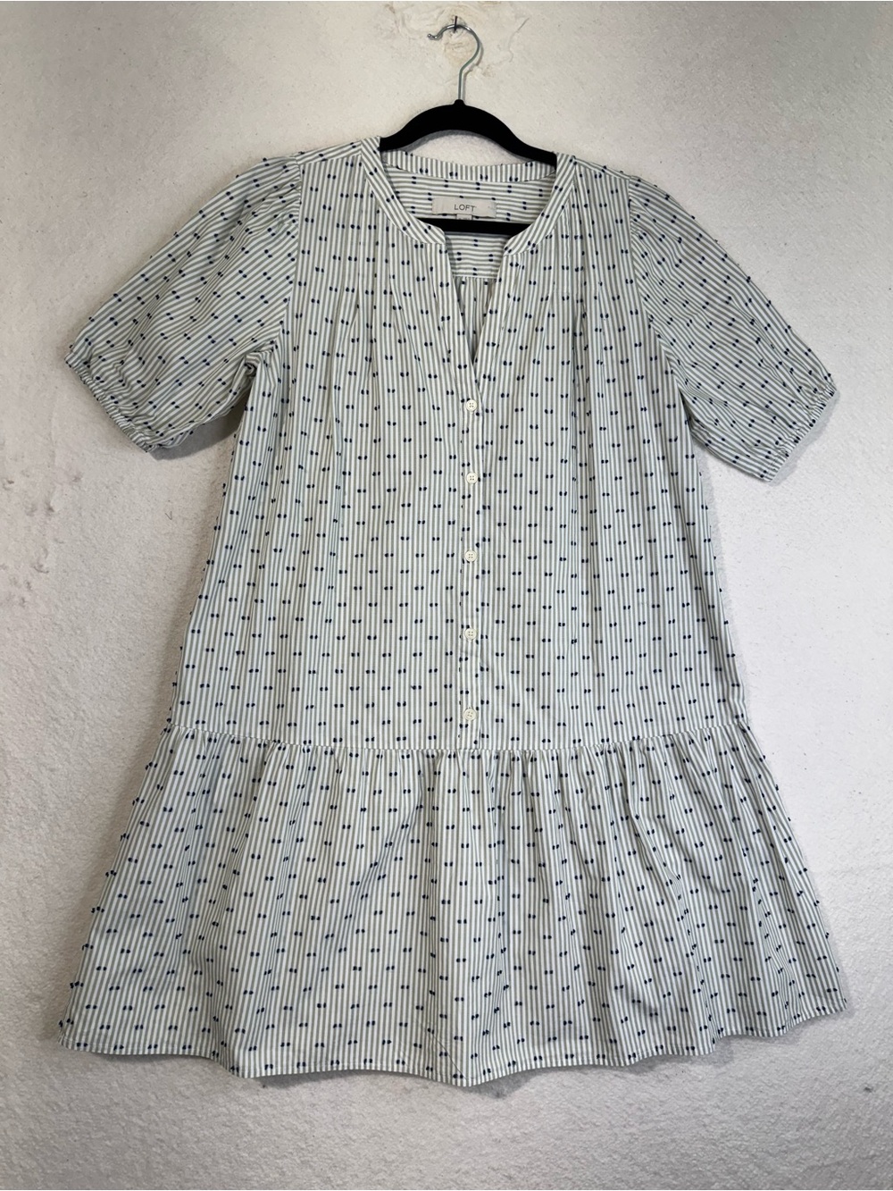 LOFT White Prairie Dress Taupe Pinstripe Babydoll Blue Dot Embroidery Coquette M